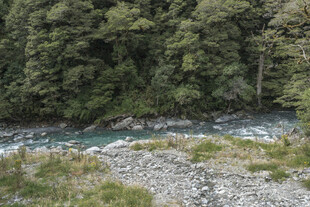 山间溪流旁的碎石河岸