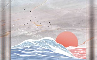 海上日出波浪飞鸟景象