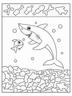 鲨鱼小鱼海底黑白插画