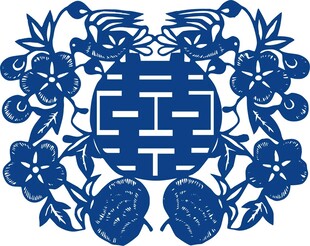 中式蓝底双喜花卉图案