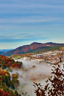 山间晨雾中的多彩秋景