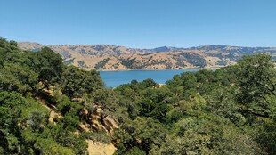 山林间的静谧蓝色湖泊