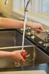 水槽边洗手清洗红色蔬果