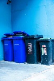 墙边排列的多彩垃圾桶