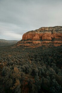 红岩下的茂密森林景观
