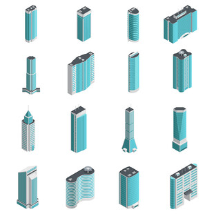 蓝色立体建筑图标集合