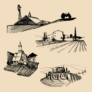 手绘乡村风景建筑插画