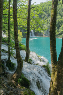森林中的蓝湖与瀑布景观