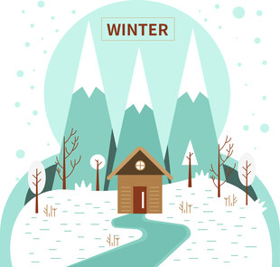 冬日山间小屋雪景图