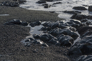 海边布满礁石的黑色沙滩
