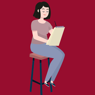 女子坐凳专注阅读书籍