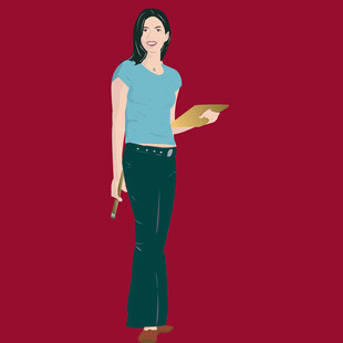 手持托盘的蓝衣女性