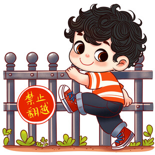 男孩跨越栅栏禁行标志