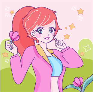 红发女孩手持花朵展笑颜