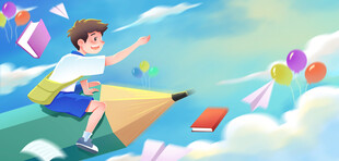 男孩乘纸飞机畅游云端