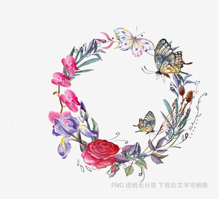 花卉蝴蝶组成的精美花环