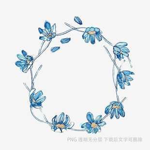 蓝色花朵手绘圆形花环