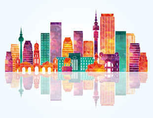 多彩城市天际线水彩画