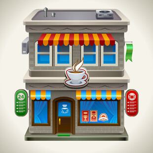 两层茶饮店建筑插画