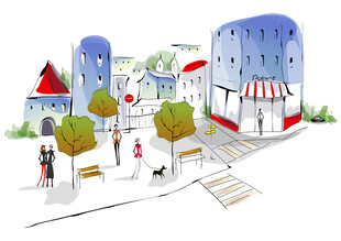 城市街道景观插画