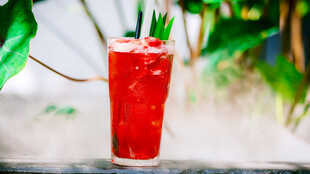 红色冰饮 清新绿植相伴