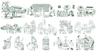 手绘线描古代市井街头小吃糕点制