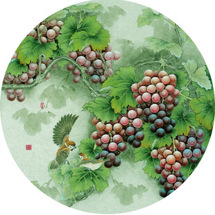 葡萄飞鸟中式圆形装饰画