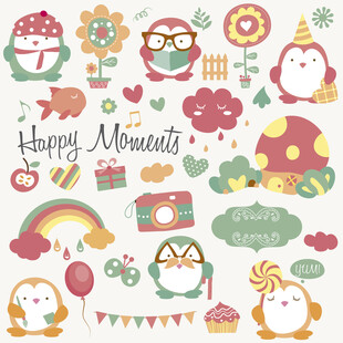 可爱卡通动物与装饰元素