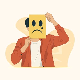 手持悲伤表情卡纸的男子