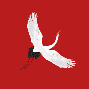 红底上展翅飞翔的白鹤