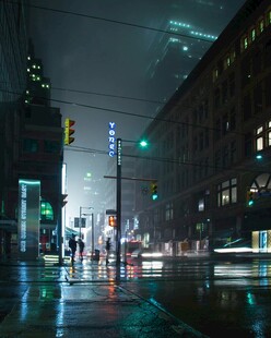 雨夜城市街道的霓虹光影