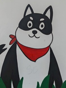 墙绘戴红围巾的可爱卡通小狗