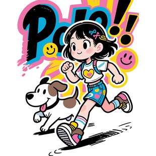 女孩和小狗奔跑插画