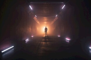 未来感隧道中的孤独身影