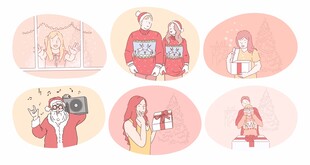卡通人物日常活动插画