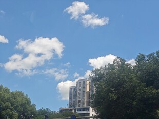 蓝天白云下的城市与绿树