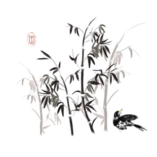 水墨竹影间飞鸟