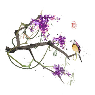 紫花枝头鸟栖图