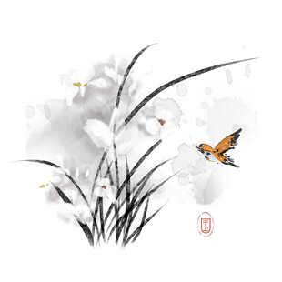水墨兰花与蝶图