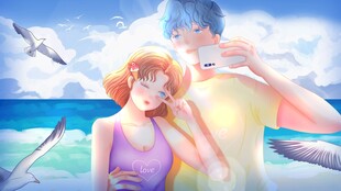 海边甜蜜依偎的情侣
