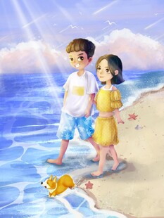 海边孩童漫步拾贝瞬间