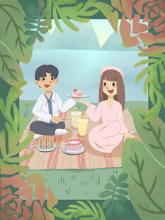 情侣惬意户外野餐场景