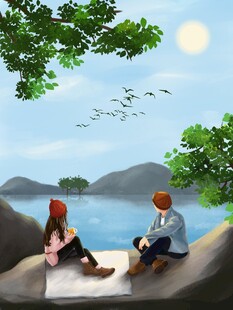 湖畔情侣赏景惬意时光