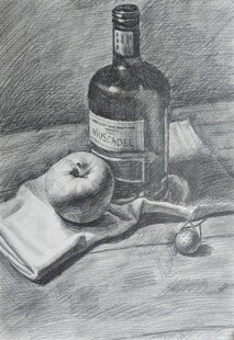 静物素描酒瓶与苹果