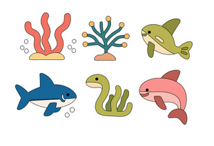 海洋动物与植物插画