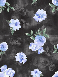蓝花黑底水彩花卉图案