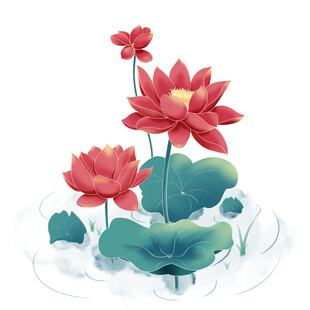 水墨风绽放的娇艳红荷