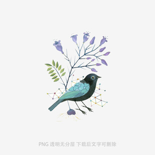 蓝鸟栖于花枝插画