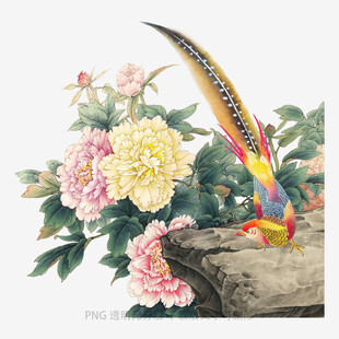 花鸟图中锦鸡伴牡丹