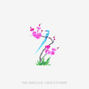 蓝鸟栖于粉色花枝